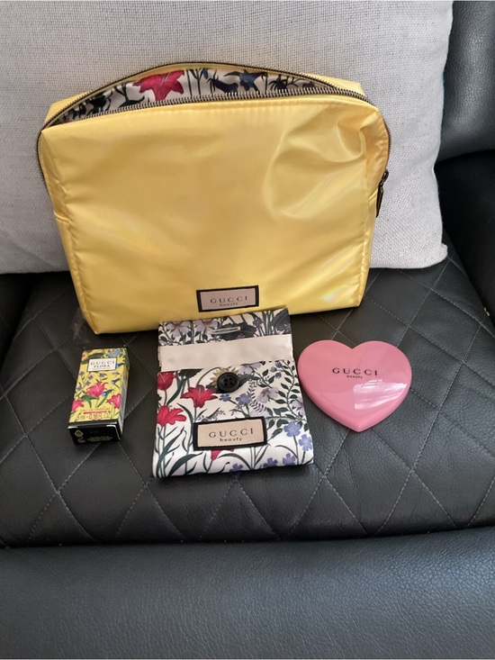 Gucci Accessories - Gucci Yellow Cosmetic Pouch with Pink Heart Compact and Floral Accessories